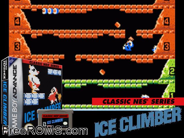 Classic Nes Series Ice Climber Gameboy Advance game showing 3D box cover and gameplay screenshot