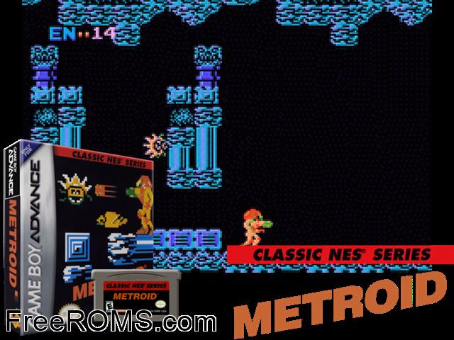 Classic NES Series Metroid Gameboy Advance game showing 3D box cover and gameplay screenshot