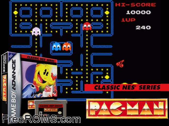 Classic Nes Series - Pac-Man Gameboy Advance game showing 3D box cover and gameplay screenshot