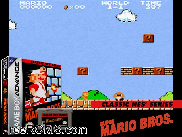 Classic Nes Series Super Mario Bros. Gameboy Advance game showing 3D box cover and gameplay screenshot