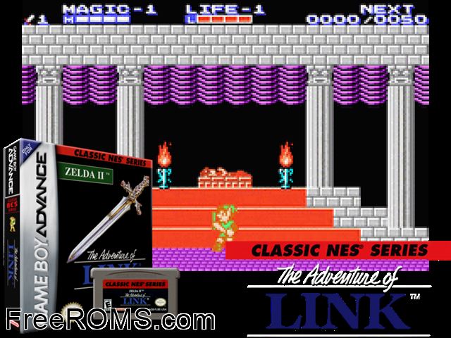 Classic NES Series Zelda II The Adventure Of Link Gameboy Advance game showing 3D box cover and gameplay screenshot