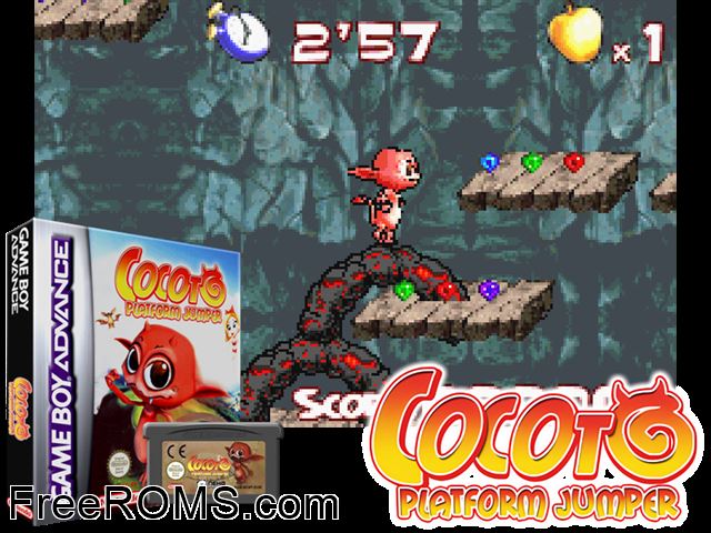 Cocoto Platform Jumper Gameboy Advance game showing 3D box cover and gameplay screenshot