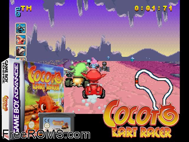 Cocoto - Kart Racer Gameboy Advance game showing 3D box cover and gameplay screenshot