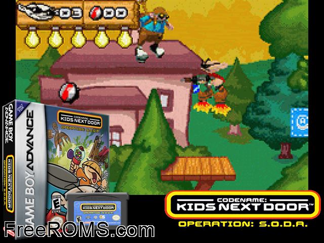 Codename Kids Next Door - Operation S.O.D.A. Gameboy Advance game showing 3D box cover and gameplay screenshot