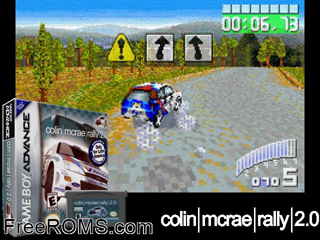 Colin Mcrae Rally 2.0 Gameboy Advance game showing 3D box cover and gameplay screenshot