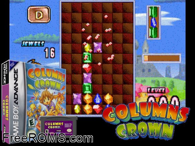 Columns Crown Gameboy Advance game showing 3D box cover and gameplay screenshot