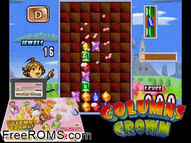 Columns Crown (Japan) Gameboy Advance game showing 3D box cover and gameplay screenshot