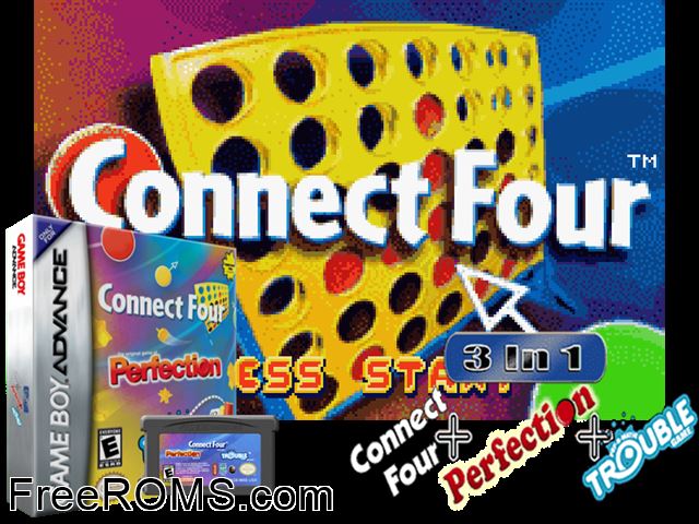 Connect Four, Perfection, Trouble Gameboy Advance game showing 3D box cover and gameplay screenshot