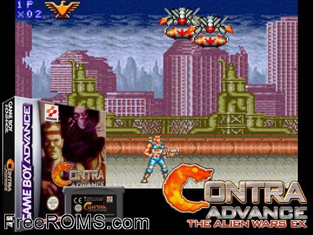 Contra Advance - The Alien Wars Ex Gameboy Advance game showing 3D box cover and gameplay screenshot