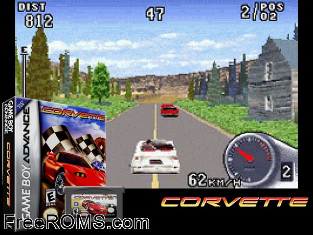 Corvette Gameboy Advance game showing 3D box cover and gameplay screenshot