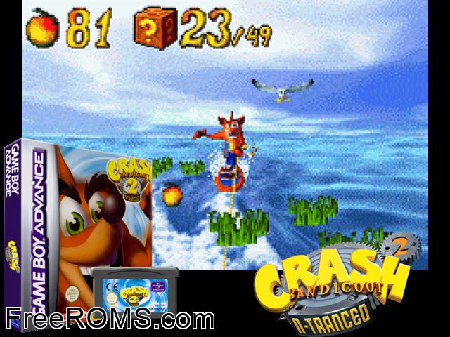 Crash Bandicoot 2 - N-Tranced Gameboy Advance game showing 3D box cover and gameplay screenshot