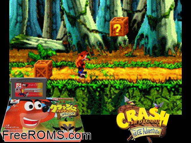 Crash Bandicoot Advance (Japan) Gameboy Advance game showing 3D box cover and gameplay screenshot