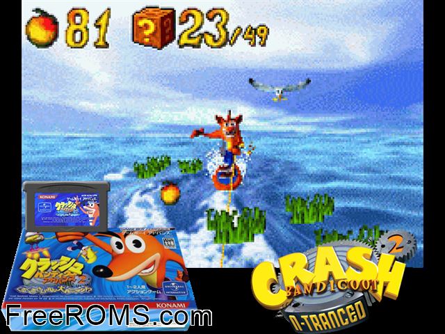Crash Bandicoot Advance 2 - Gurugurusaimin Dai-Panic! (Japan) Gameboy Advance game showing 3D box cover and gameplay screenshot