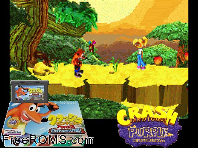 Crash Bandicoot Advance - Wakuwaku Tomodachi Daisakusen! (Japan) Gameboy Advance game showing 3D box cover and gameplay screenshot