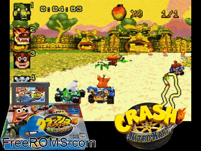 Crash Bandicoot Bakusou Nitro Cart (Japan) Gameboy Advance game showing 3D box cover and gameplay screenshot