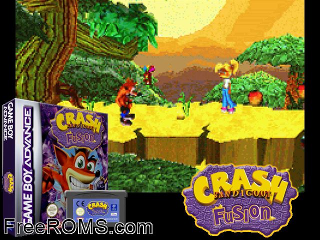Crash Bandicoot Fusion Gameboy Advance game showing 3D box cover and gameplay screenshot