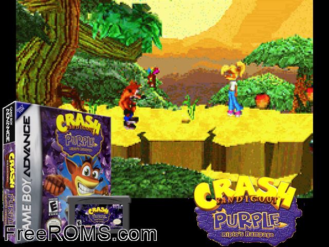 Crash Bandicoot Purple - Ripto's Rampage Gameboy Advance game showing 3D box cover and gameplay screenshot