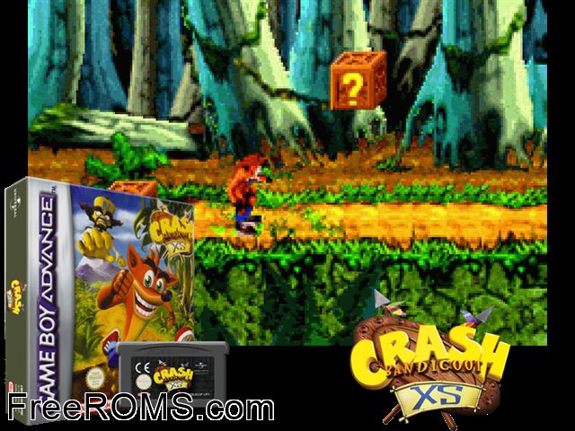 Crash Bandicoot Xs Gameboy Advance game showing 3D box cover and gameplay screenshot