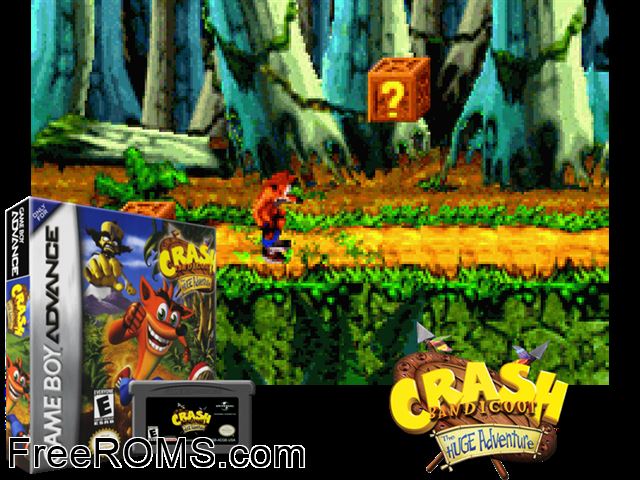 Crash Bandicoot - The Huge Adventure Gameboy Advance game showing 3D box cover and gameplay screenshot