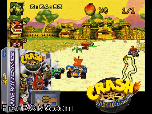 Crash Nitro Kart Gameboy Advance game showing 3D box cover and gameplay screenshot