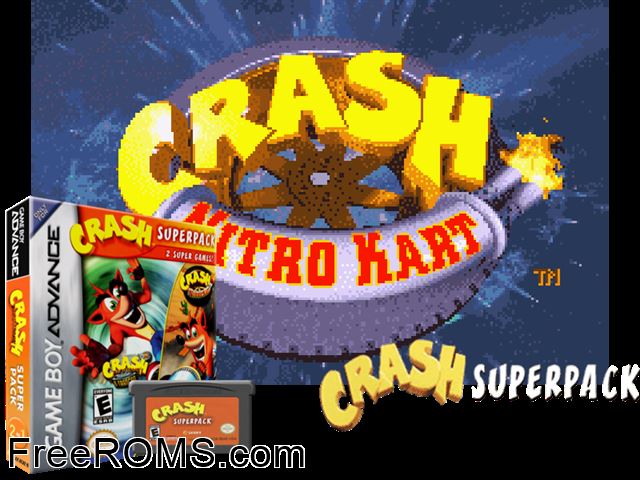 Crash Superpack - Crash Bandicoot 2 - N-Tranced + Crash Nitro Kart Gameboy Advance game showing 3D box cover and gameplay screenshot