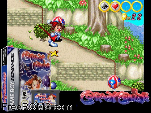 Crazy Chase Gameboy Advance game showing 3D box cover and gameplay screenshot