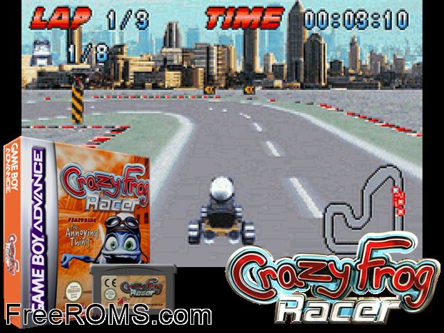 Crazy Frog Racer Gameboy Advance game showing 3D box cover and gameplay screenshot