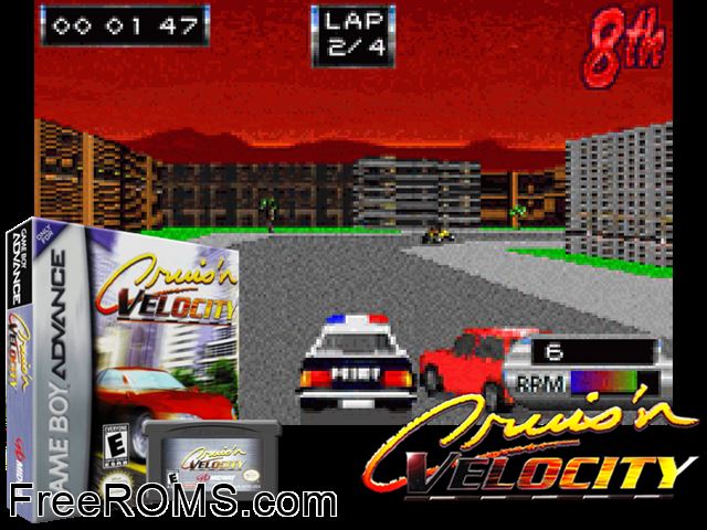 Cruis'N Velocity Gameboy Advance game showing 3D box cover and gameplay screenshot