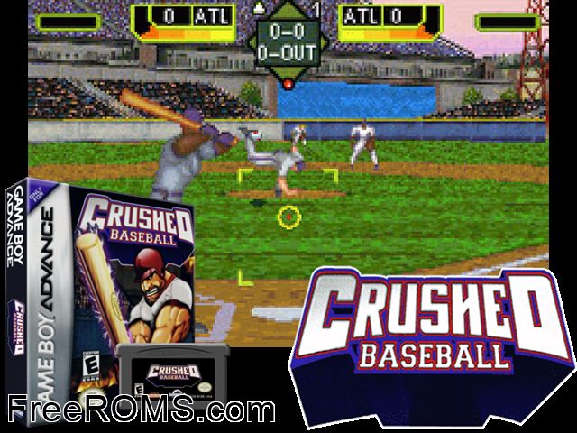 Crushed Baseball Gameboy Advance game showing 3D box cover and gameplay screenshot