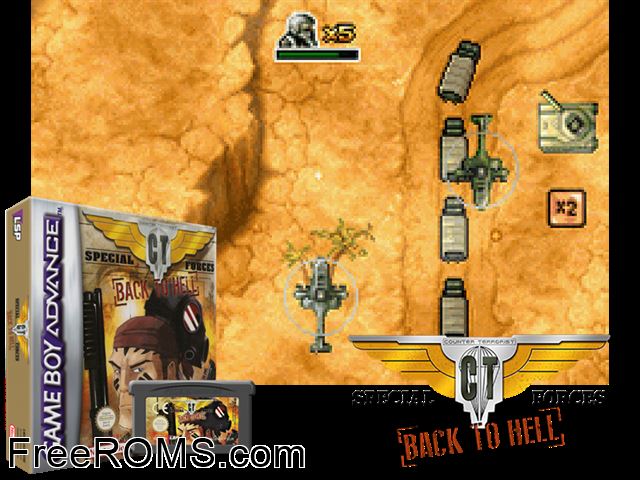 Ct Special Forces - Back To Hell Gameboy Advance game showing 3D box cover and gameplay screenshot
