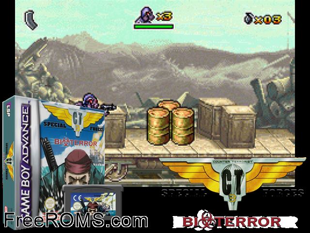 Ct Special Forces - Bioterror Gameboy Advance game showing 3D box cover and gameplay screenshot