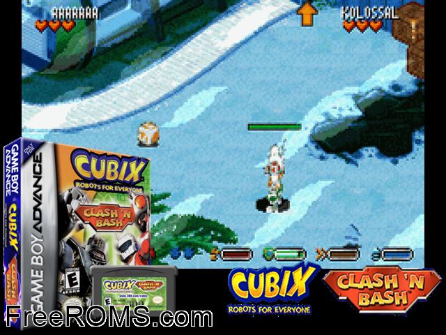 Cubix - Robots For Everyone - Clash 'N Bash Gameboy Advance game showing 3D box cover and gameplay screenshot