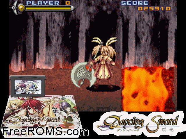 Dancing Sword - Senkou (Japan) Gameboy Advance game showing 3D box cover and gameplay screenshot
