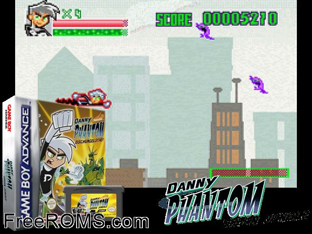 Danny Phantom - Dschungelstadt (Germany) Gameboy Advance game showing 3D box cover and gameplay screenshot
