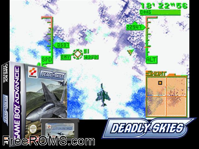 Deadly Skies Gameboy Advance game showing 3D box cover and gameplay screenshot