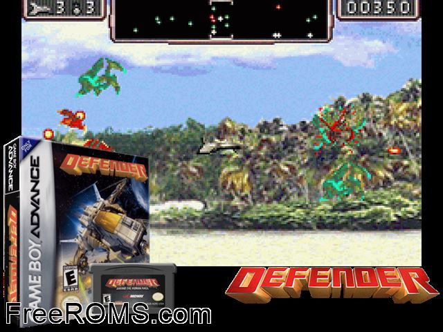 Defender Gameboy Advance game showing 3D box cover and gameplay screenshot