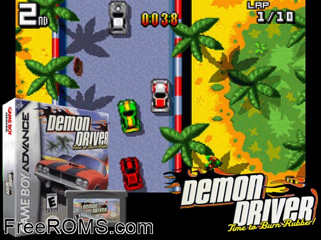 Demon Driver - Time To Burn Rubber! Gameboy Advance game showing 3D box cover and gameplay screenshot