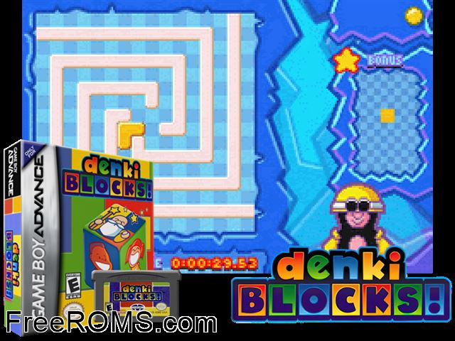 Denki Blocks! Gameboy Advance game showing 3D box cover and gameplay screenshot