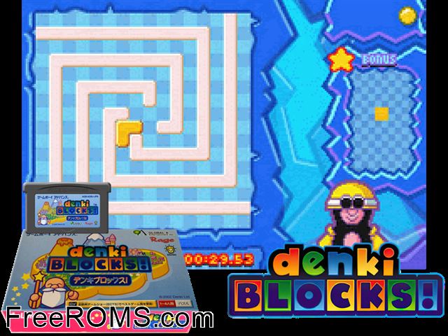 Denki Blocks! (Japan) Gameboy Advance game showing 3D box cover and gameplay screenshot