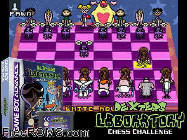 Dexter's Laboratory - Chess Challenge Gameboy Advance game showing 3D box cover and gameplay screenshot