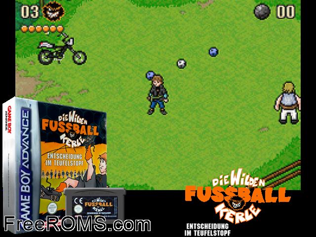 Die Wilden Fussball-Kerle (Germany) Gameboy Advance game showing 3D box cover and gameplay screenshot