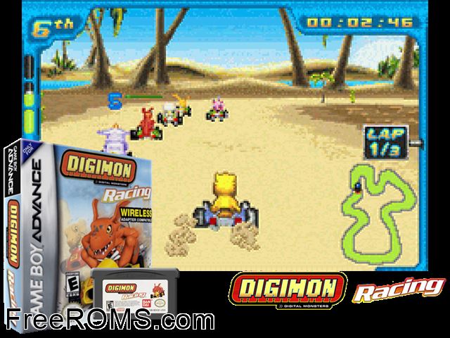 Digimon Racing Gameboy Advance game showing 3D box cover and gameplay screenshot
