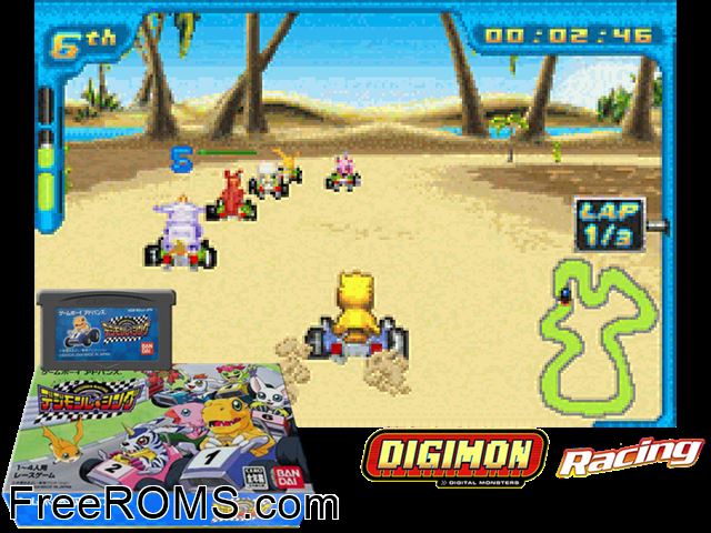Digimon Racing (Japan) Gameboy Advance game showing 3D box cover and gameplay screenshot