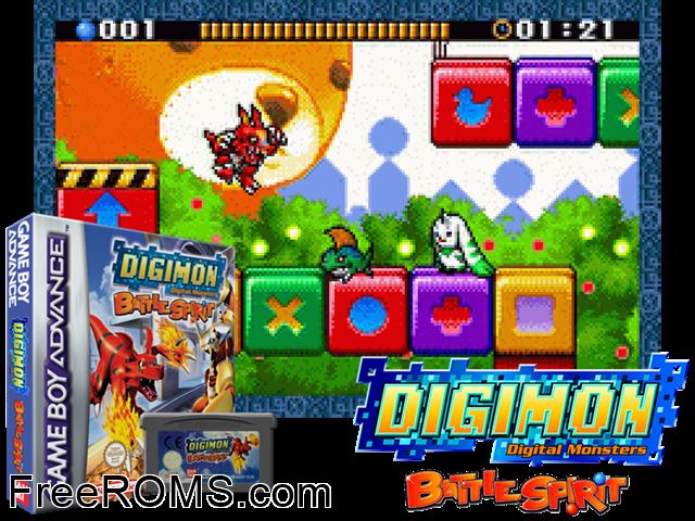 Digimon - Battle Spirit Gameboy Advance game showing 3D box cover and gameplay screenshot