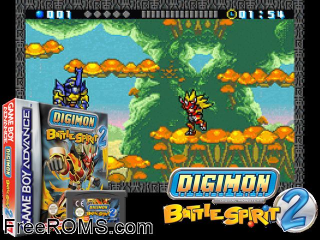 Digimon - Battle Spirit 2 Gameboy Advance game showing 3D box cover and gameplay screenshot