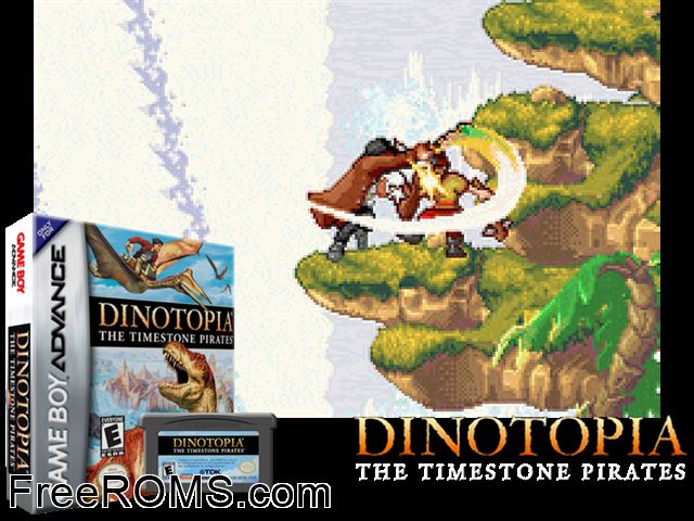 Dinotopia - The Timestone Pirates Gameboy Advance game showing 3D box cover and gameplay screenshot