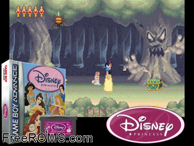 Disney Princesas (Spain) Gameboy Advance game showing 3D box cover and gameplay screenshot