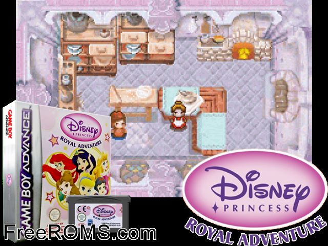 Disney Princess - Royal Adventure Gameboy Advance game showing 3D box cover and gameplay screenshot