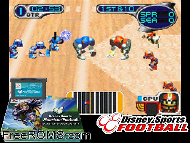 Disney Sports - American Football (Japan) Gameboy Advance game showing 3D box cover and gameplay screenshot