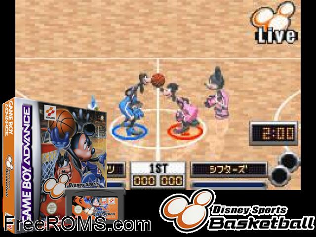 Disney Sports - Basketball Gameboy Advance game showing 3D box cover and gameplay screenshot